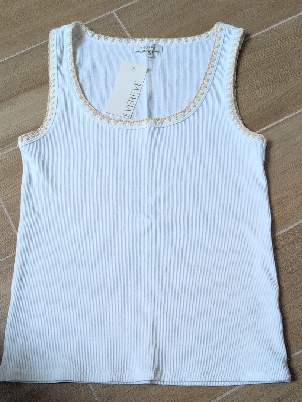 Z Supply White Ribbed Tank with Tan Crochet Trim. M
